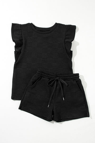 Black Textured Ruffled Sleeve Tee and Drawstring Shorts Set