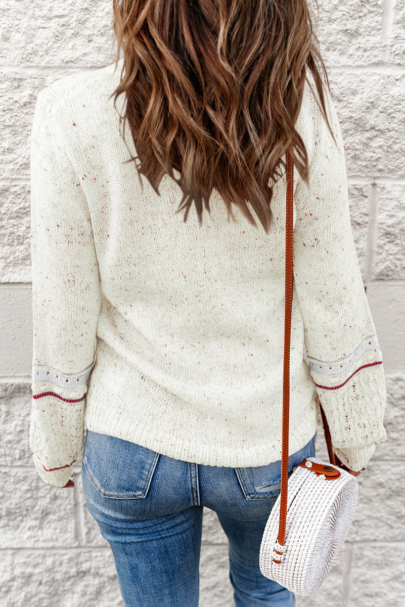 POGLIP Women's White Crochet Lace Pointelle Knit Sweater