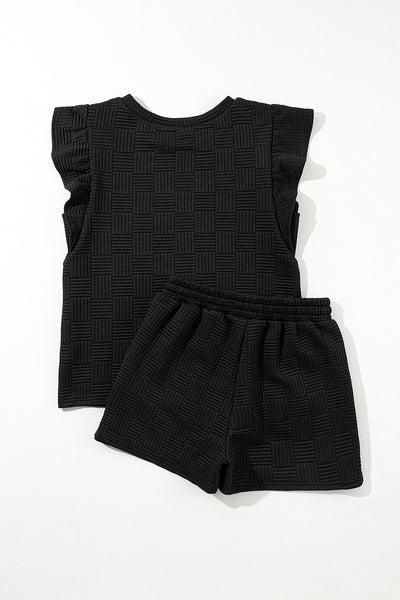 Black Textured Ruffled Sleeve Tee and Drawstring Shorts Set