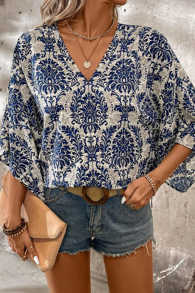 Blue Vintage Flower Tree Quarter Sleeve V Neck Blouse