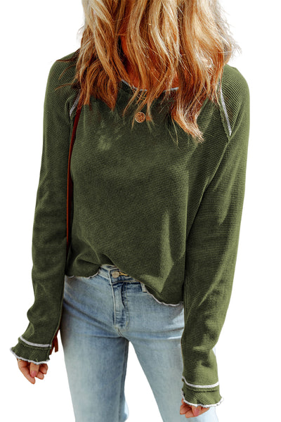 Green Textured Round Neck Long Sleeve Top