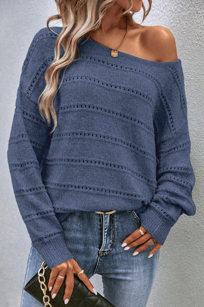 Real Teal Boat Neck Drop Shoulder Pointelle Knit Sweater