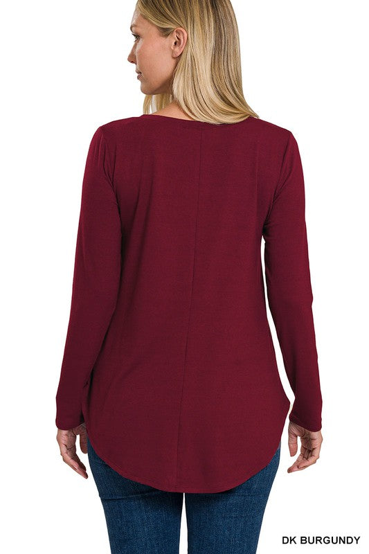 Long Sleeve V Neck & Round Hem Top - Dark Burgundy - Boutique 23