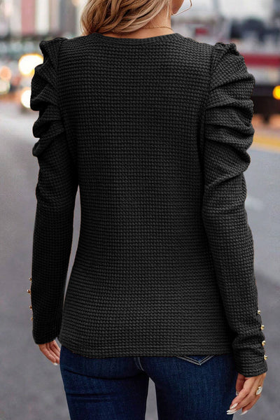 Black Solid Color Textured Buttoned Gigot Sleeve Top