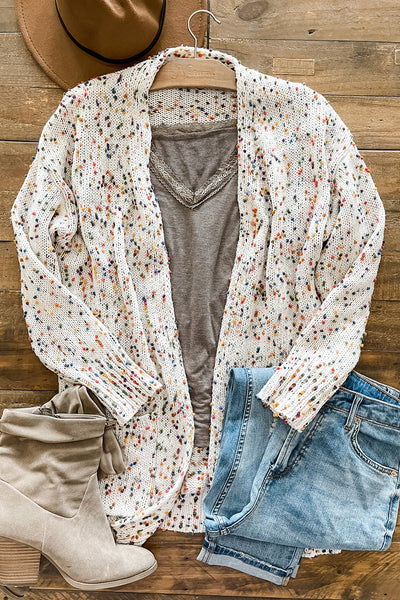 White Multicolor Dotted Rib Knit Long Sleeve Cardigan