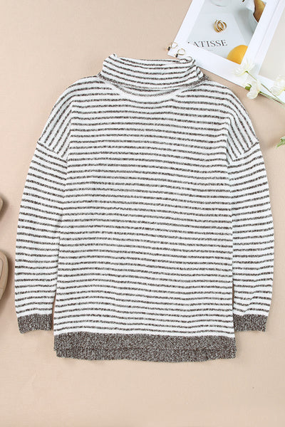 Khaki Striped Turtleneck Loose Sweater