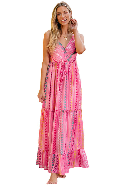 Pink Western Printed Tassel Tie V Neck Wrap Maxi Dress