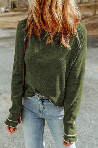 Green Textured Round Neck Long Sleeve Top