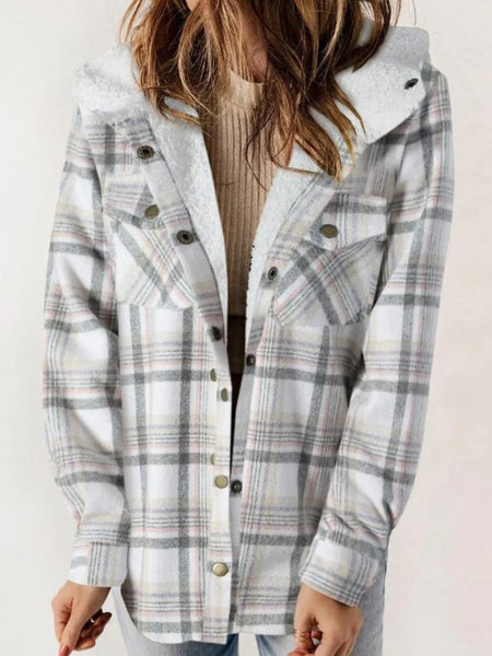 Plaid Snap Down Plush Hooded Jacket