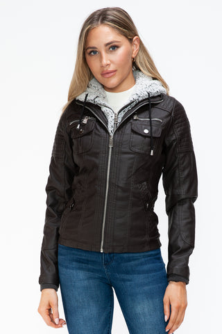 Removable Faux Layered Multi-Pocket Jacket with Fuzzy Hood