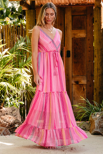 Pink Western Printed Tassel Tie V Neck Wrap Maxi Dress