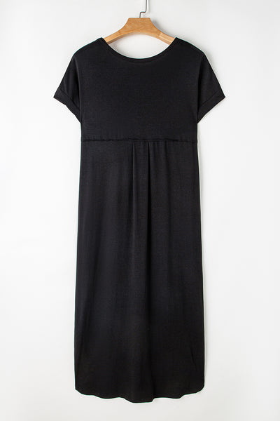 Black V Neck Hidden Pocket Splits Maxi T-shirt Dress