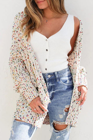 White Multicolor Dotted Rib Knit Long Sleeve Cardigan