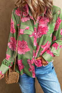 Green Floral Print Pleated Detail Puff Sleeve Shirt