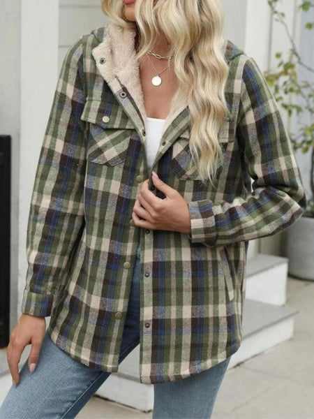 Plaid Snap Down Plush Hooded Jacket