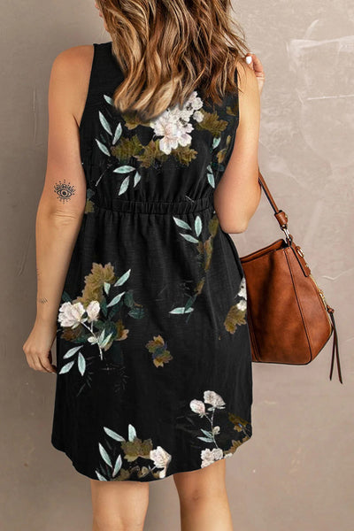 Printed Scoop Neck Sleeveless Buttoned Magic Dress