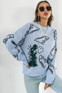 Dinosaur Pattern Round Neck Sweater