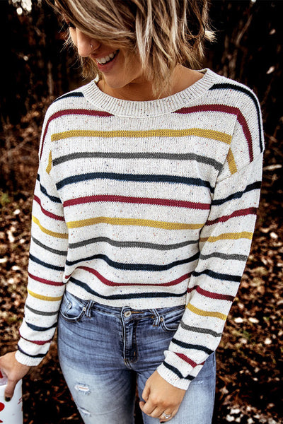 Striped Round Neck Ribbed Trim Sweater